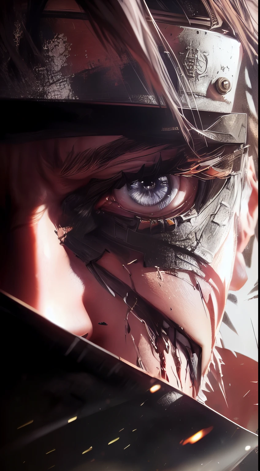 anime character with a knife in his hand and a bloody face, sekiro, 4k concept art and hyper realism, badass anime 8 k, shinobi, joker looks like naruto, snk, joker as naruto, ultra realistic concept art, akihiko yoshida. unreal engine, inspired by Kanō Hōgai, te,kken 7, trending on artstationhq (GREY EYES) 