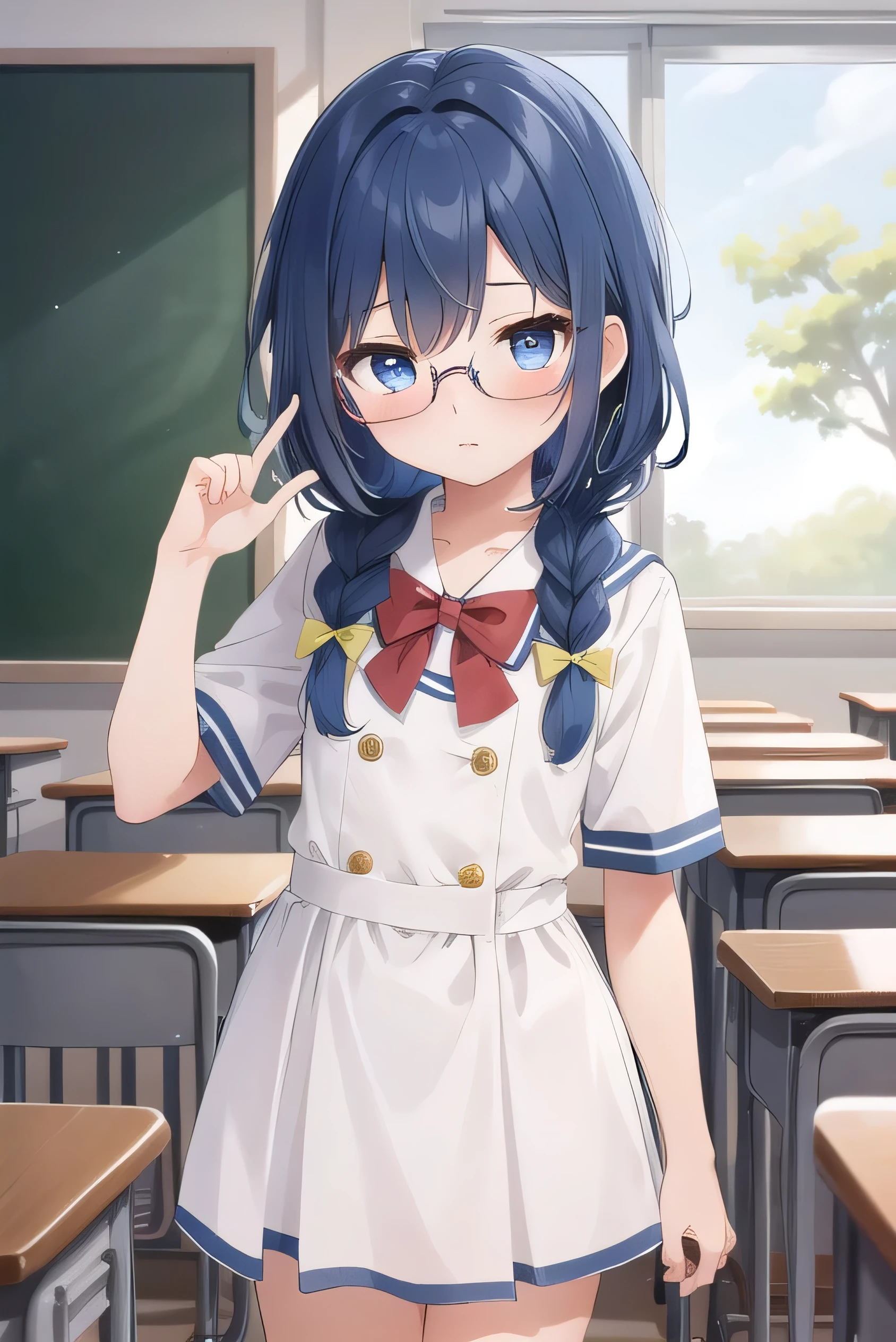 small breasted girl, short, elementary school student, blue hair, fishtail braid, blue eyes, round eyes, shy, shy, classroom, short, young face, short height, , glasses with no edges,flat chest,