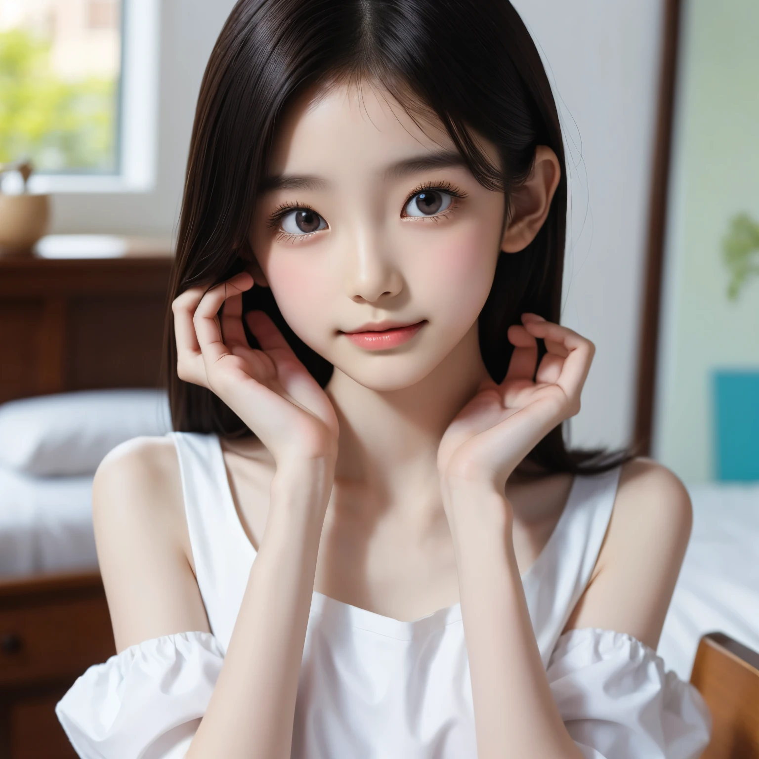 detailed face, cute face,brown eye, Gentle and attractive Chinese beauty, Half-body photo, Delicate and sexy collarbone, Attractive oval face, double eyelid, Bright pink eyes, Pink Lips, Small Nose, Exposing shoulders, Concentrated face, Face close-up, Ultra-high resolution, Super detailed, Elegant standing posture, Korean style puff sleeve square collar slim short shirt, Pair it with a high-waisted light-colored jeans suit.