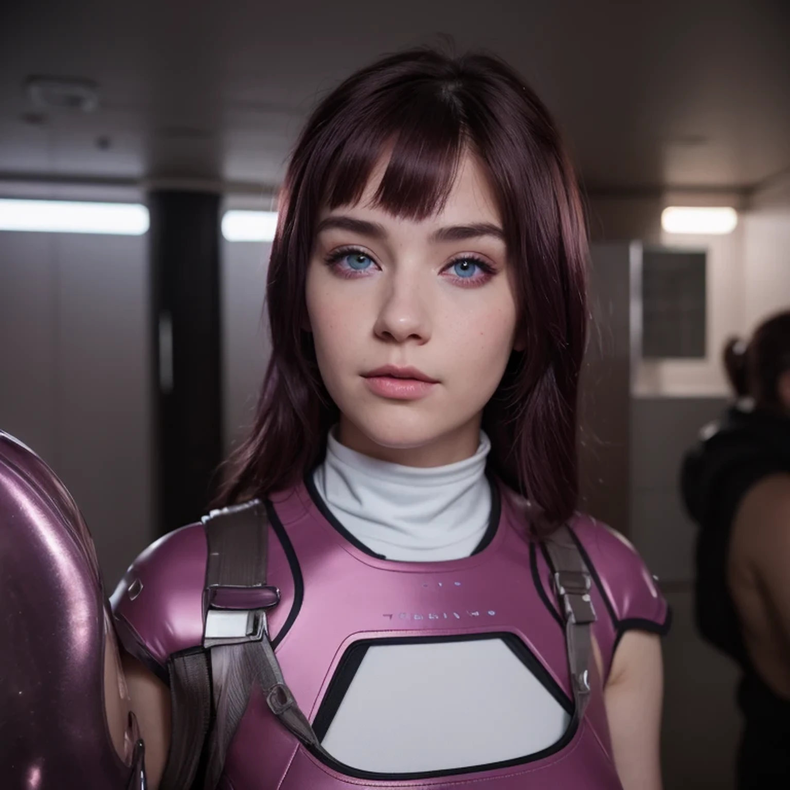 photo of a college student, Purple-Pink Gradient, futuristic space suit, (Color tattoo:0.8) cute face, sci-fi, dystopian, detailed eyes, Heterochromia eyes（（Side view））Back Room，Breething burgundy hair