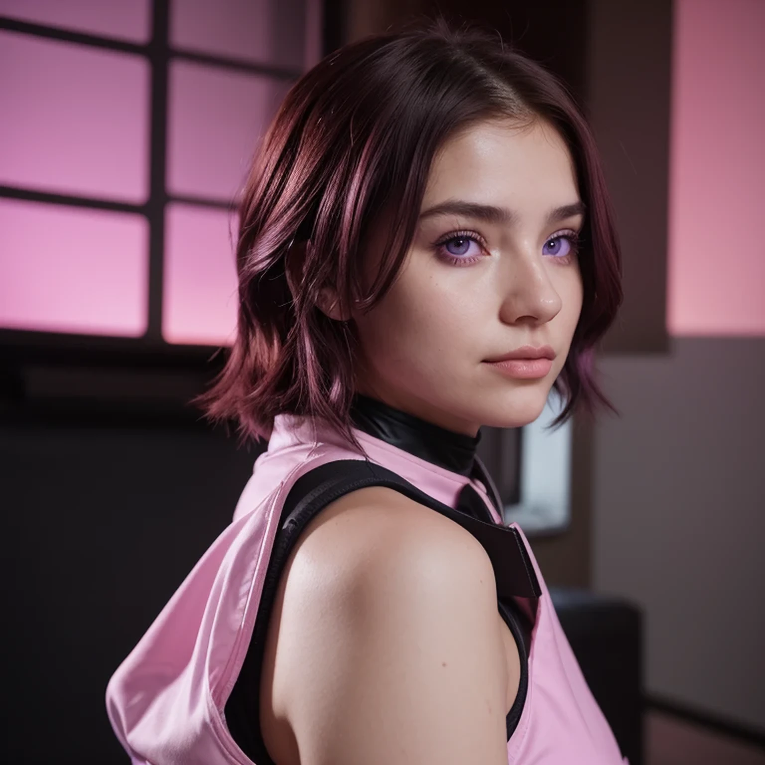 photo of a college student, Purple-Pink Gradient, futuristic space suit, (Color tattoo:0.8) cute face, sci-fi, dystopian, detailed eyes, Heterochromia eyes（（Side view））Back Room，Breething burgundy hair