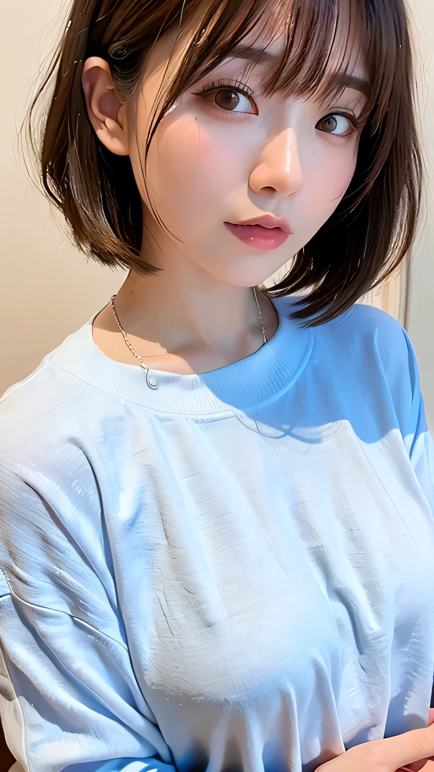 (highest quality, 8k, 32k, masterpiece, Ultra-high resolution:1.2),Beautiful Japanese Women Photos, Large Breasts, Very short bob hair,Upper Body,Face Focus,Extra Large_sweater, necklace, Simple Background, From above, View your viewers,