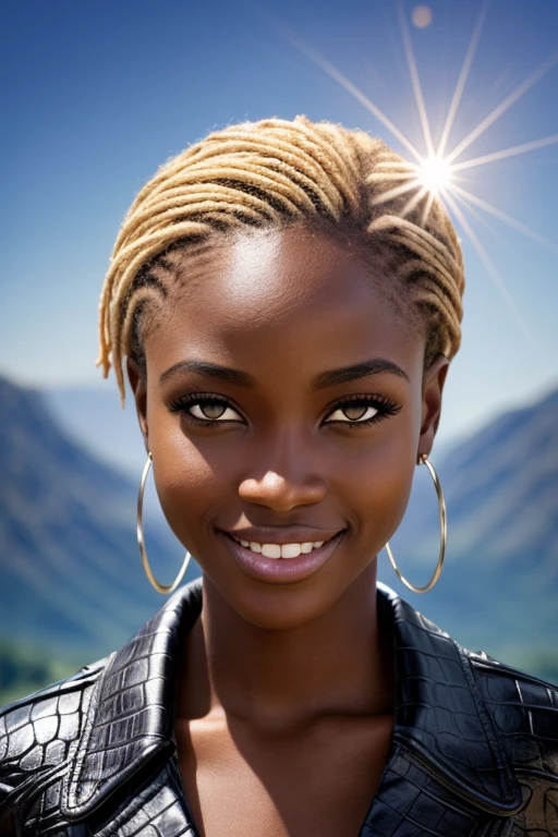 fille noire africaine cheveux blonds, hair elastics, grimacer, long cils, yeux en cercle plein, light smile, rougir les oreilles, croc, surrealism, drop shadow, anaglyphe, stereogram, tachi-e, lancer, atmospheric perspective, American propaganda poster, backlight, 8k, Great detail, accurate, best quality, textured skin, Great detail, high details, High resolution, anatomiquement correct