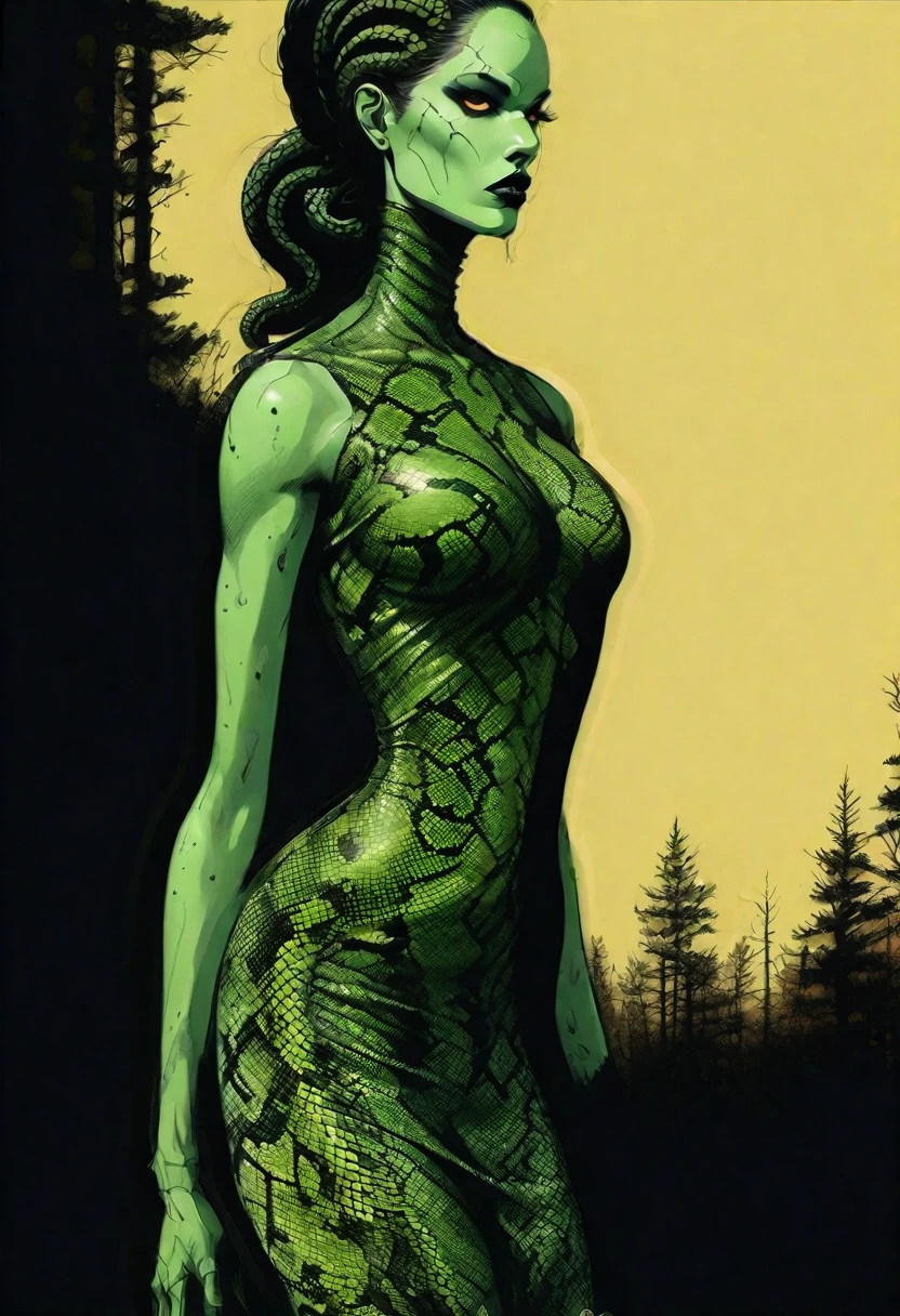 Medusa, splash page decompressed comic cover art, ink style figure, ((expressive Joelle Jones and "Sean Gordon Murphy" comic drawing)), wordless, cinematic poster, double exposure, optical illusion, image within image, abyss void black no visibility darkness, full length portrait, (background, pine barrens, entropy, rewilding, magic hour sunset, galaxy stars, cosmos), (horror, abstract, surreal, body, cosmic), candid, snake skin dress, morphology anatomy drawn Frederic Delavier musculature anatomical illustration, (face, ornate black-metal corpsepaint face paint, resembles Grace Jones), (body, Naga, snakefolk, lower body snake tail, snake woman hybrid, bald, hairless, skeleton, snake skin tattoos, piercing eyes, snake pupils, over the shoulder), (colors, bleak muted deep fiery radiant glowing ROYGBIV, forest green, earth brown), craftsmanship nuance, (Gerardo Zaffino charcoal), subliminal orchids, nyctophobia, silhouette