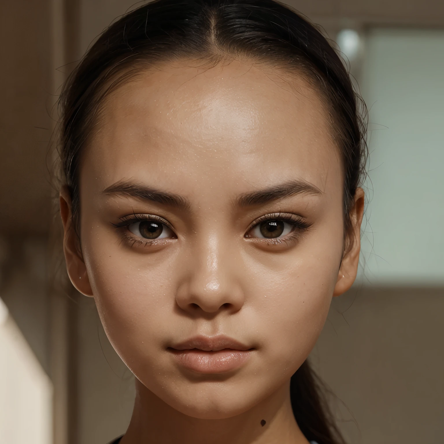 Draw a forehead，High Ponytail Hairstyle，Small eyes，The distance between the eyes is very small，Garlic nose，Big mouth，The lips are thick，Round Face，Dark-skinned Chinese girl