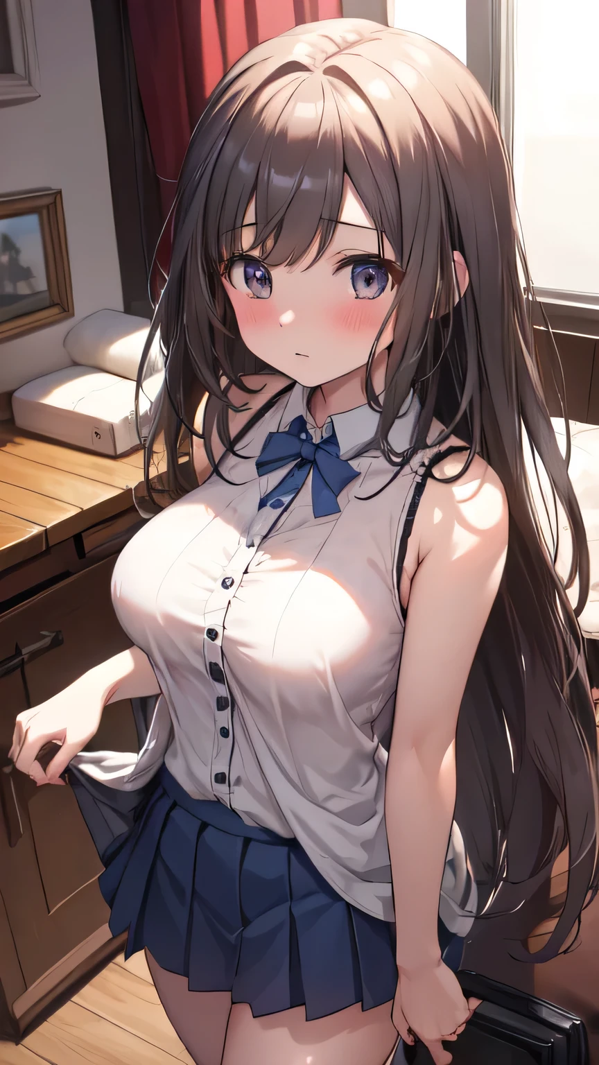 Very detailed、(8k, RAW Photos, highest quality, masterpiece:1.2), (Very detailed 8k wallpaper),shape、Professional Lighting,Sharp focus, Written boundary depth、
Browsing Caution、Clear Eyes、Perfect Anatomy、With a girl、12 years old、Tank top、mini skirt、Big Breasts、(blush:1.5),、,、,、imminent kiss,Fully exposed thighs、From above、、