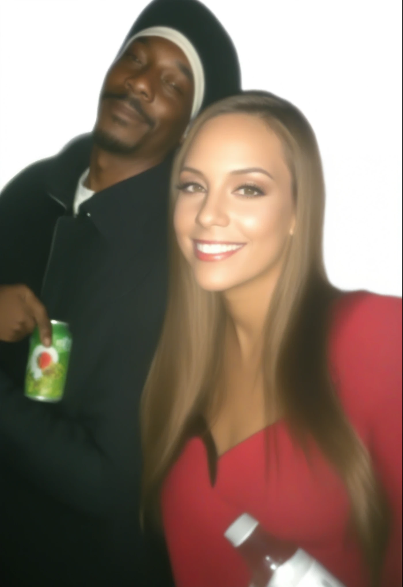 smiling woman in red dress and man in black jacket posing for a picture, chillin at the club together, at the , taken in night club, very very low quality picture, with eddie murphy, nigth, dave chappelle, leaked photo, smoking a weed with snoop dogg!!, profile picture, mid 2 0's female