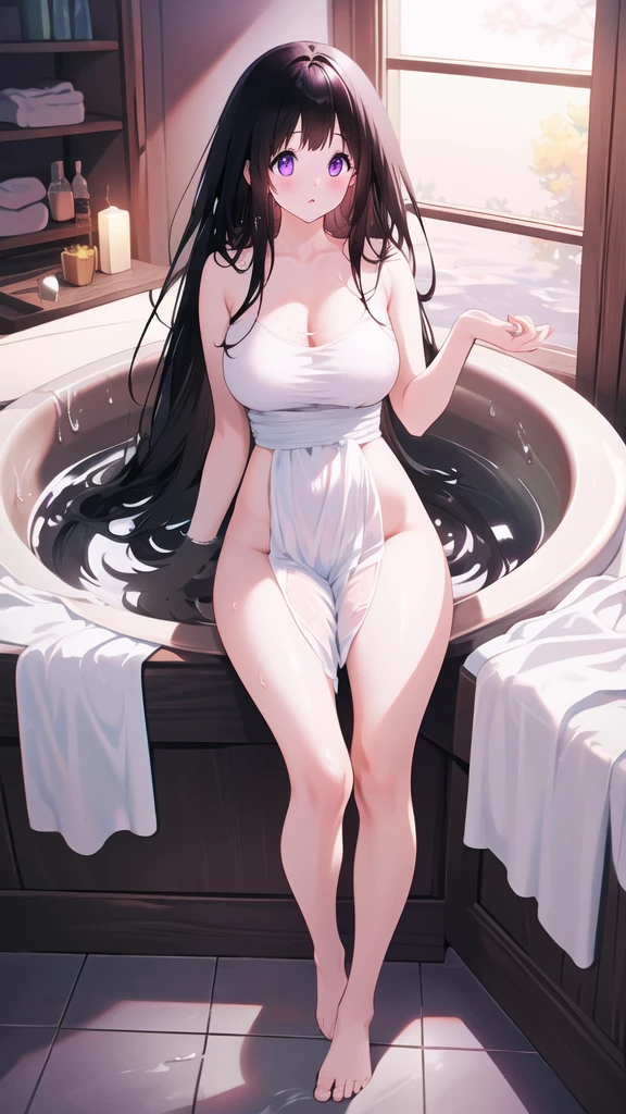 Beautiful Chitanda,只有一个beautiful girl,Purple Eyes, Black Hair, Natural straight hair, Straight bangs,Extremely refined,open your lips,Face is so red,Very white skin,Glowing skin,big eyes,Flowing long hair,beautiful girl, Like a dream,Slim,Soft, (Sensual), (Kawaii), Dream quality,at home,Standing,Just finished taking a shower,Wrap in a bath towel,Bare waist,Deep V neckline,The neckline is very loose,Naked,Wet,Beautiful big breasts,No pants,Delicate clavicle,Delicate hands and feet,Bare neck,Bare thighs,Exposing the groin,Camel toe,Bare legs,barefoot,extremely shy,Ultra-high resolution, (masterpiece:1.2, best quality), (Delicate and beautiful eyes: 1.2), (Beautiful and delicate face)