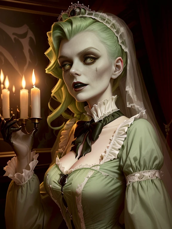 A spooky wax figure in a pale green loose dress, Grace Charis, Spooky atmosphere, Inspired by Herbert James Gunn, Victorian Vampire, wax museum, elegant Victorian Vampire, Bride of Frankenstein, Haunted house, Madame Dimitrescu, horror animatronic, victorian day of the dead, Gothic Antique Theme, Eerily beautiful zombies