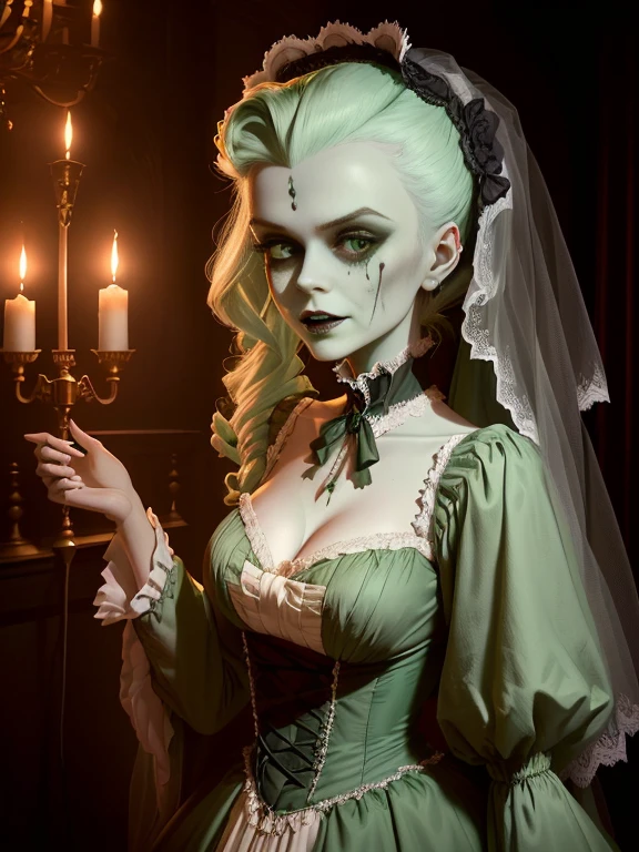 A spooky wax figure in a pale green loose dress, Grace Charis, Spooky atmosphere, Inspired by Herbert James Gunn, Victorian Vampire, wax museum, elegant Victorian Vampire, Bride of Frankenstein, Haunted house, Madame Dimitrescu, horror animatronic, victorian day of the dead, Gothic Antique Theme, Eerily beautiful zombies