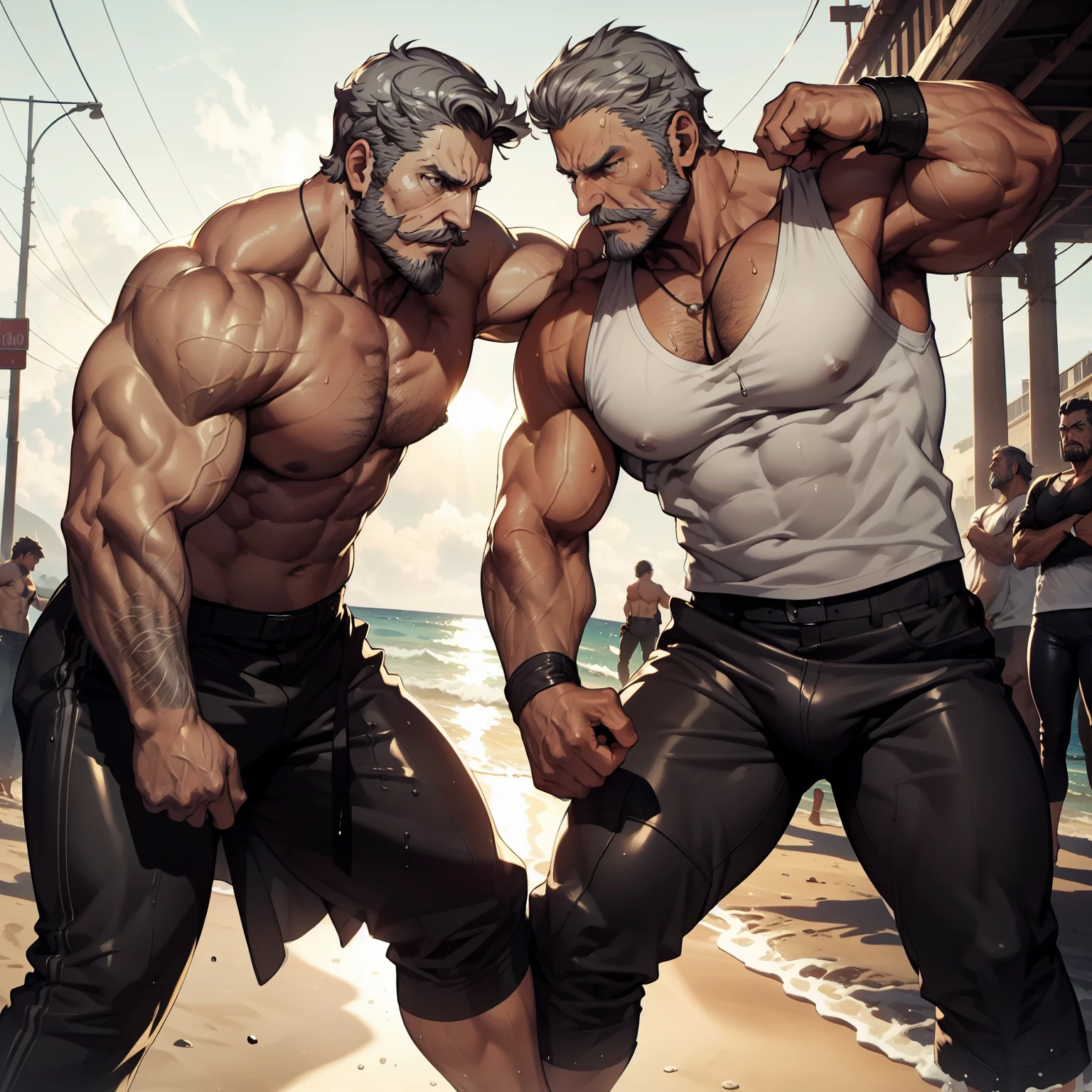 Two angry man fighting each other at the street, imponente, Vista lateral distante, corpo inteiro, 50 years old, grey short hair , thick grey mustache, dark oliva skin color, peitorais largos, peitorais enormes, hair chest, fighting stance, he's on the beach, He is angry, wearing a tight wet tank top, tight wet black leather pants, very wet body, bare arms, big bulge, thick thights, Obra-prima maravilhosa altamente detalhada, beautiful cinematic light deep focus, elegante, Pintura digital, sementes, sharp focus, golden ratio, dramatic lighting, 8k