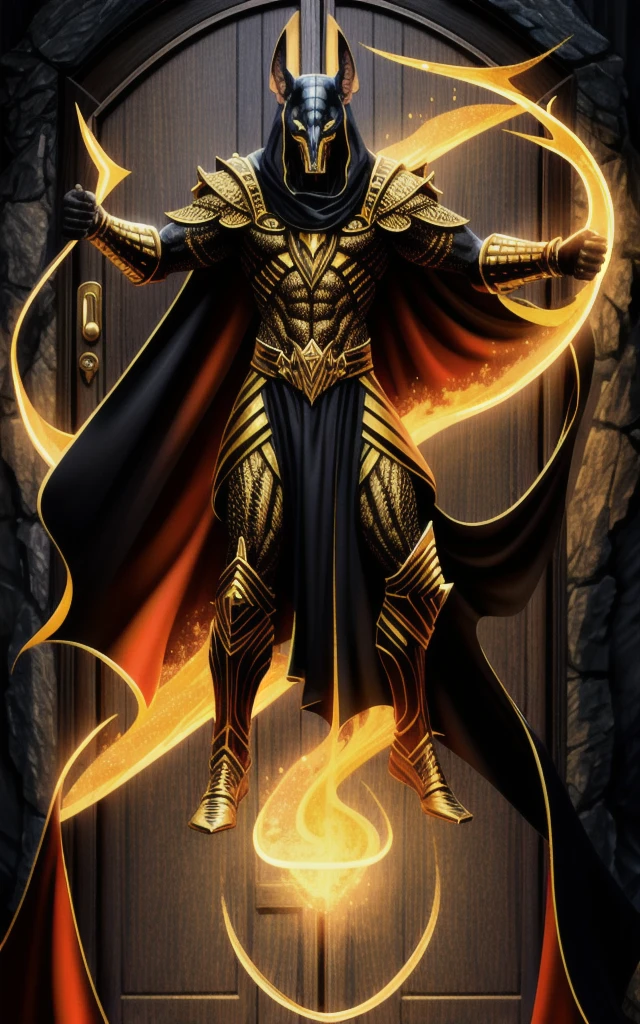 (high quality), Reality, (painting)
jewelry, (Solitary),
(Dynamic poses), To the right, ((Door of hell)), fire, Hellscape, (Underworld), (dark landscape),
Anubis, Egyptian jackal god, anthropology, muscular, (Holding golden scales), Dynamic poses, Movie, Dramatic camera angles, Golden armor:0.25, Black & Gold Cape, (Good anatomy), (Good proportions), The award-winning, masterpiece, Center,