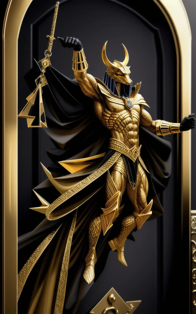 (high quality), Reality, (painting)
jewelry, (Solitary),
(Dynamic poses), To the right, ((Door of hell)), fire, Hellscape, (Underworld), (dark landscape),
Anubis, Egyptian jackal god, anthropology, muscular, (Holding golden scales), Dynamic poses, Movie, Dramatic camera angles, Golden armor:0.25, Black & Gold Cape, (Good anatomy), (Good proportions), The award-winning, masterpiece, Center,