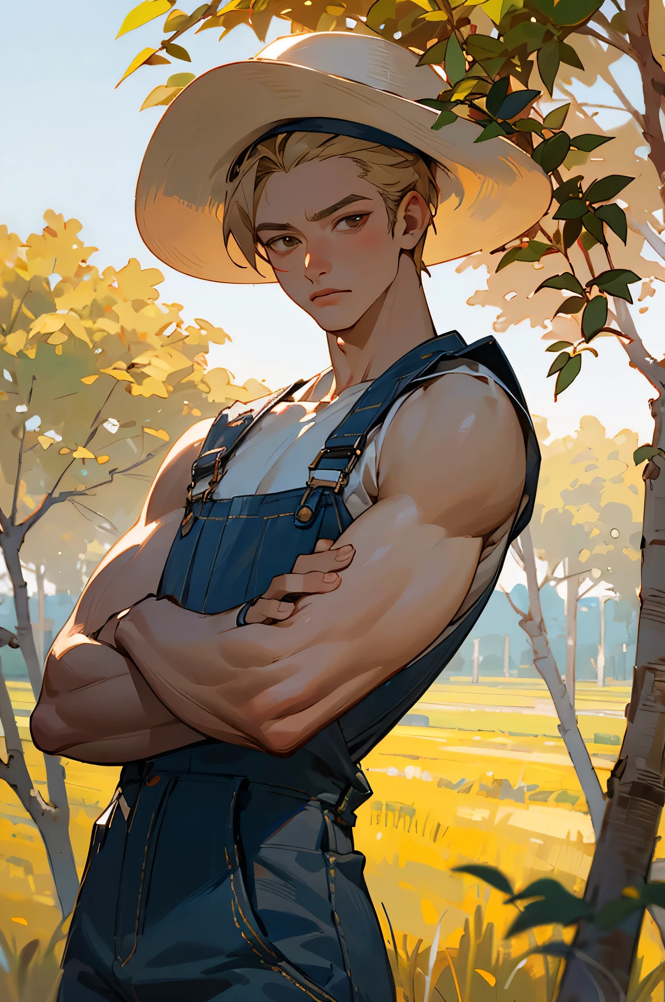 Jihoon has a korean young man blonde hair, hazel eyes, masculine face, marked jaw, full and thin lips, soft skin, a toned and strong body, and broad shoulders. His height is 1.92. Ji-hoon most of the time wears a dungarees, with a thin fabric shirt underneath, a hat and brown boots. Whenever he is very hot, he goes shirtless, showing off his strong physique.
Oil painting, ultra-detailed, realistic:1.37, portraits, vibrant colors, warm tone, studio lighting.
Additional details: A large, flowery field in the background, a sunny day with apple trees nearby and a farm in the background.