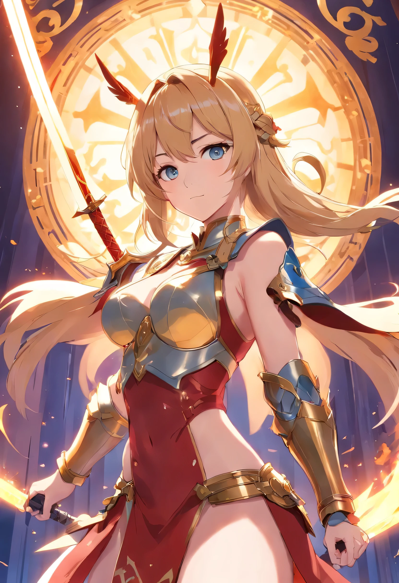 Anime girl with sword and hat on her head, Zodiac Knight Girl, Girl in Armor, portrait Zodiac Knight Girl, Bikini Armor female knight, Bikini Armor, Edelgard from Fire Emblem, edelgard fire emblem, Bikini Armor, Wearing a shiny breastplate, Anime Goddess, Opal Armor, guilty gear art style, Biomechanical Boobs whole body game Valkyrie palace