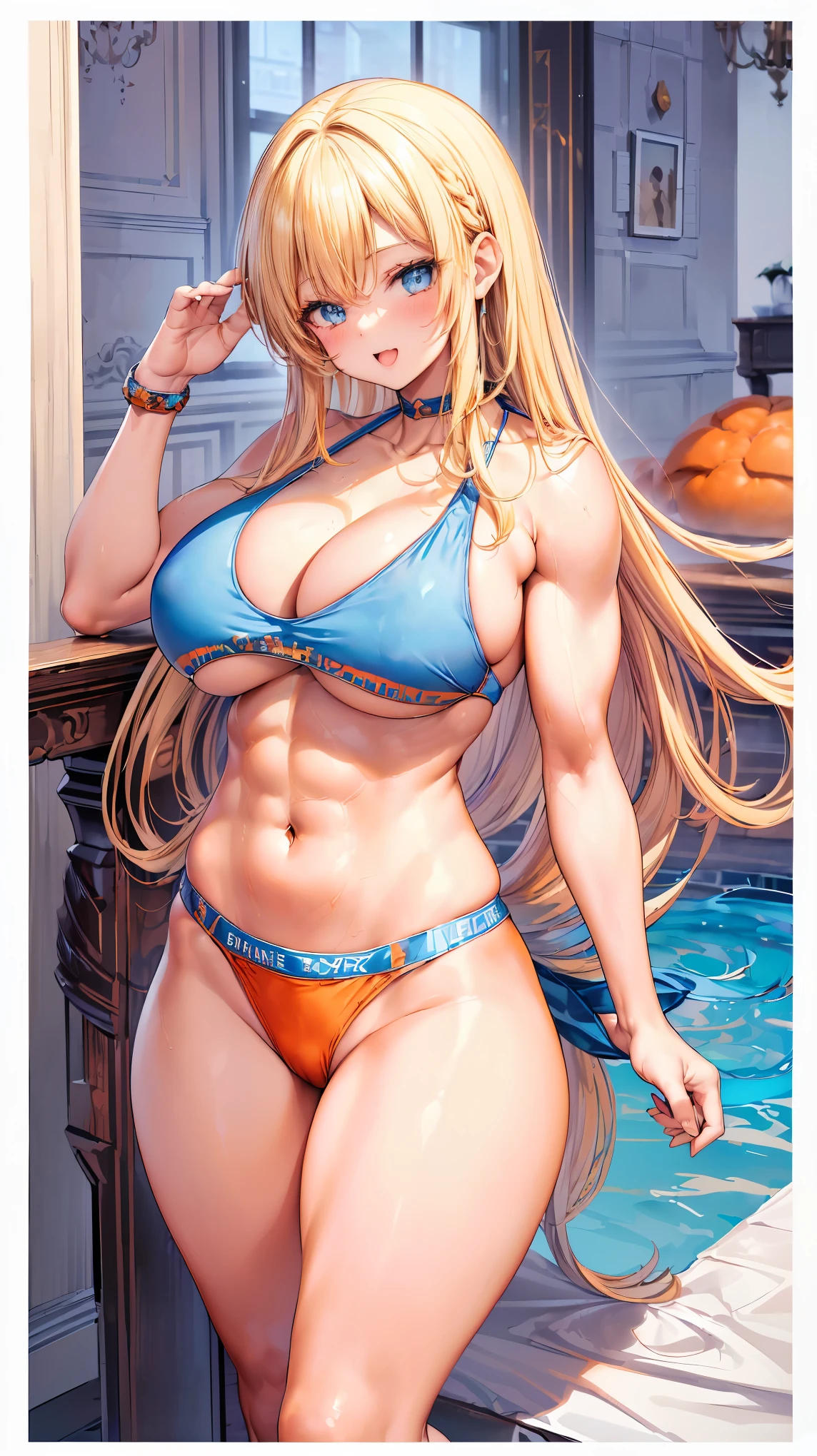 Very detailed、highest quality、Best image quality、masterpiece、8k、Anime Face、A kind smile、(Open your mouth:1.3)、Sparkling blue eyes、(Blonde semi-long hair:1.5)、(Muscles of the whole body:1.3)、(High leg:1.8)、Thigh belt、(Orange Bikini:1.5)、(Cowboy Shot:1.5)、(SFW Giant)、(Thick body:1.2)