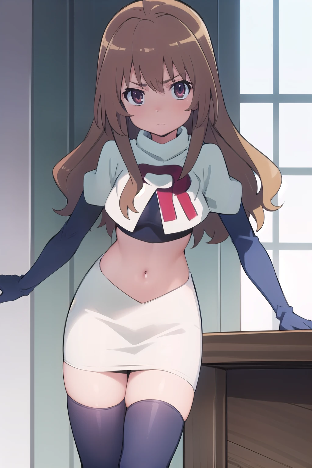 solo, 1girl, looking at viewer, 2D, anime, anime coloring, team rocket,team rocket uniform,white skirt,red letter R,crop top,black thigh-highs,black elbow gloves, taiga aisaka, oohashi, 