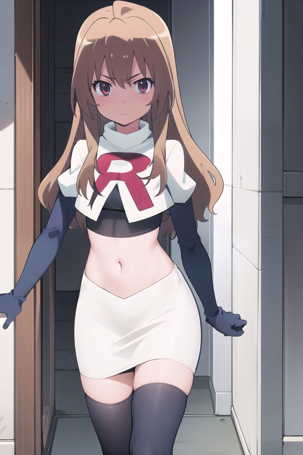 solo, 1girl, looking at viewer, 2D, anime, anime coloring, team rocket,team rocket uniform,white skirt,red letter R,crop top,black thigh-highs,black elbow gloves, taiga aisaka, oohashi,