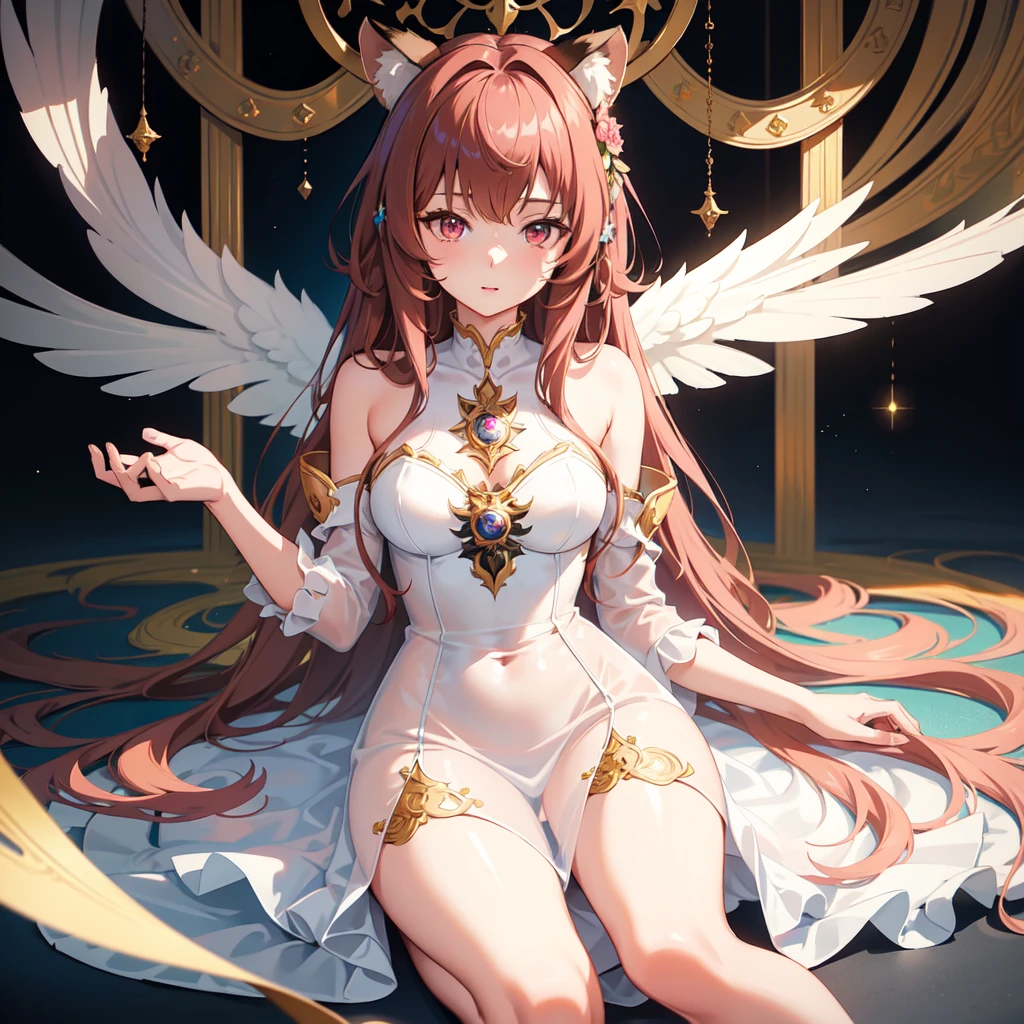(((masterpiece))), (((best quality))), ((ultra-detailed)), (illustration), (detailed light), ((an extremely delicate and beautiful)), (beautiful detailed eyes), (sunlight), 1girl, studio, easel. Raphtalia, personaje femenino del anime tate no yuusha no nariagari. Dressed in small black lace panties and a soft, transparent dress. Lying on a fantasy flower field in a sensual position and shy expression showing her long naked legs, raphtalia, long hair, bangs, brown hair, animal ears, raccoon ears, raccoon tail, raccoon girl, (pink eyes:1.3), (perfect body)