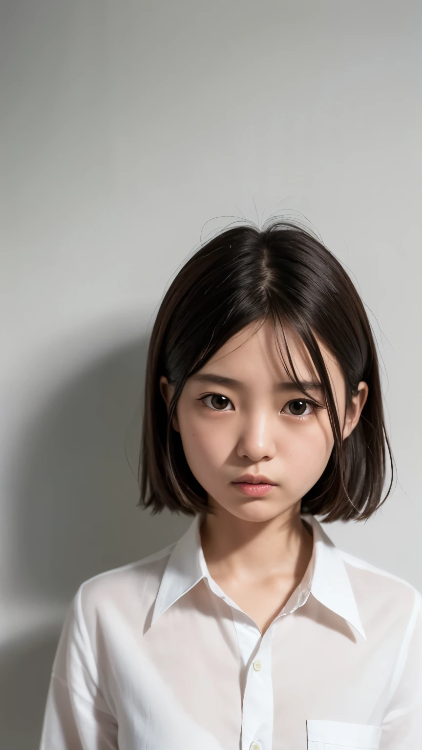 (Masterpiece, best quality), A 12-year-old Japanese girl is depicted in this image, clad in a pristine white shirt. The shirt boasts a high level of detail, with its crisp collar and fine stitching visible under the gentle sunlight. The girl's hair, in a traditional Japanese style, frames her face, falling in soft waves over her shoulders. Her expressive, anxious eyes convey a sense of nervousness or excitement, adding depth to the image. The background is clean and simple, allowing the focus to remain on the girl and her outfit. (Best quality, ultra high res, photorealistic: 1.4), 12-year-old Japanese girl