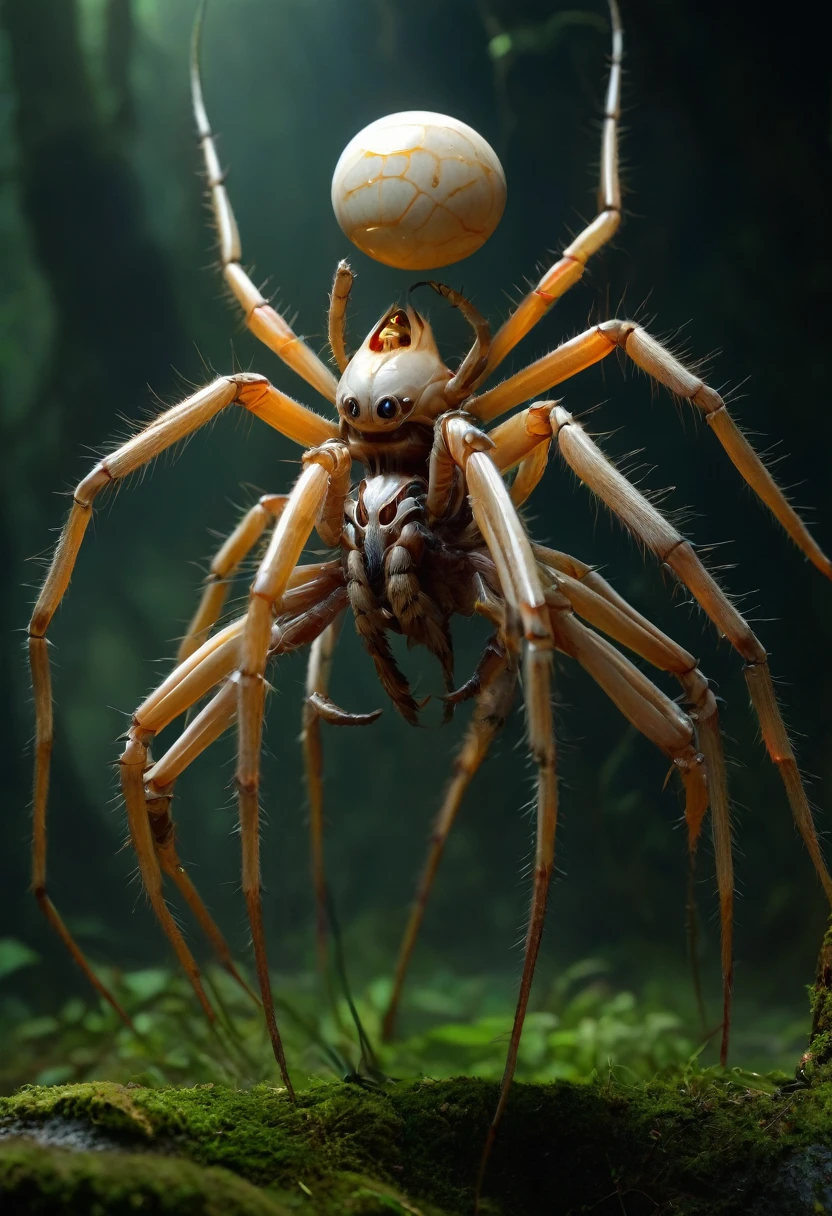 best quality,4K,8k,high resolution,masterpiece:1.2),Super detailed,Practical,photoPractical:1.37,This creature, A terrifying fusion of a spider and a human woman,Has six arms, Embodying two different forms of grotesque. Its upper body retains distinctly feminine features., Although distorted by the merger process. Its eyes sparkle with wisdom, More like spiders than humans. (No hair, White skin:1.3),
Additional limbs grow from the torso, Slender and jointed like a spider, But it still retains the disturbing human body. These arms have fingers.,The end is sharp, Chitin claw, Can tear flesh easily.
The lower body is a fusion of spider and human anatomy, Abdominal stretch backwards,Like a giant spider. Serrated spines protrude from its exoskeleton, Each one is a reminder of its unnatural origin. leg, 人类大leg和毛茸茸附属物的怪异组合, Provides agility and strength, enabling it to glide across the ground with incredible speed and grace.
In its presence, People can't help but feel a primitive fear, As if staring into the abyss,Humans and fusion together,Creating the embodiment of nightmares.