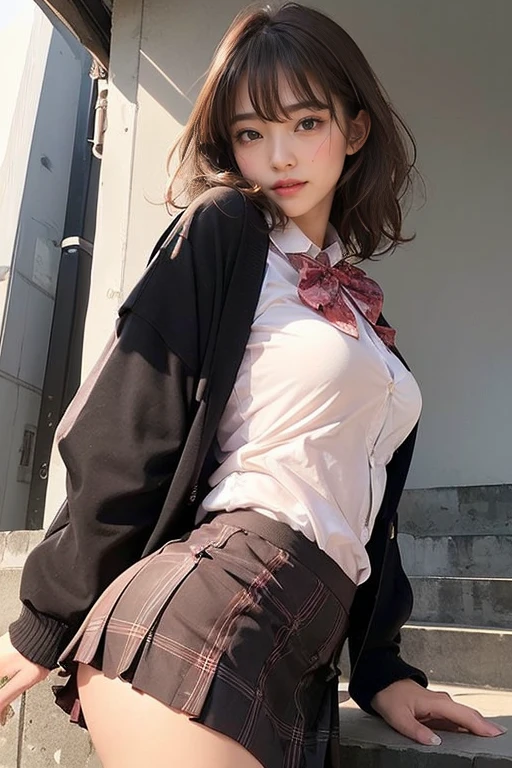 ((Tabletop, highest quality, High resolution, Hmph, Perfect Pixel, 4K, Hmph, Hmph))), One Girl, single, alone, Beauty、The whole body is visible、 ((Mid-wave hair, bangs, Brown Hair)), ((Brown eyes, Beautiful eyelashes, Realistic eyes)), ((Detailed face, Blushing:1.2)), ((Smooth texture:0.75, Realistic texture:0.65, Realistic:1.1, )), Medium chest, Dynamic Angle, Perfect body, ((Red bow tie, , Black jacket, Open jacket, Brown cardigan, White shirt, Black Skirt, Checked skirt)), City stairs、Looking up from the bottom of the stairs、Very embarrassing panic smile, looked back、Leaning forward、(The wind blew up her skirt, exposing her buttocks..........................、Touch your buttocks with both hands、pink floral lace panties)、