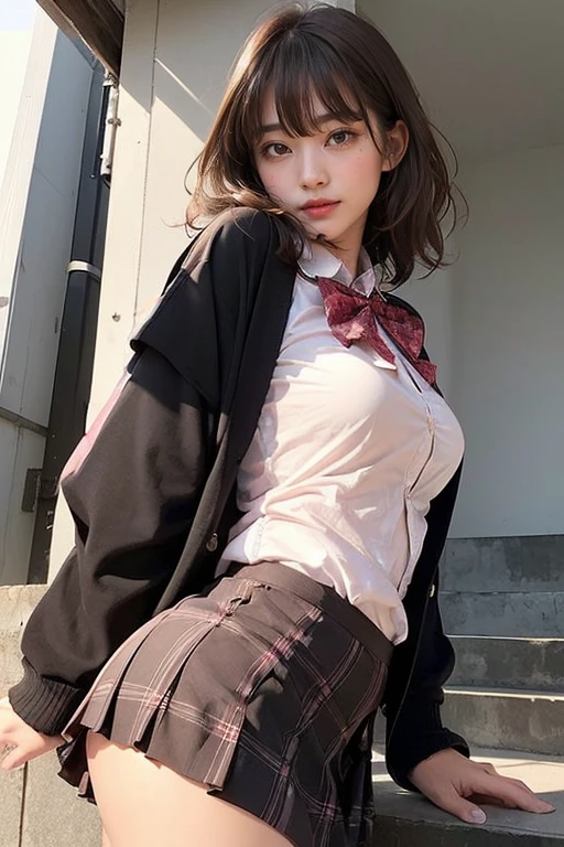 ((Tabletop, highest quality, High resolution, Hmph, Perfect Pixel, 4K, Hmph, Hmph))), One Girl, single, alone, Beauty、The whole body is visible、 ((Mid-wave hair, bangs, Brown Hair)), ((Brown eyes, Beautiful eyelashes, Realistic eyes)), ((Detailed face, Blushing:1.2)), ((Smooth texture:0.75, Realistic texture:0.65, Realistic:1.1, )), Medium chest, Dynamic Angle, Perfect body, ((Red bow tie, , Black jacket, Open jacket, Brown cardigan, White shirt, Black Skirt, Checked skirt)), City stairs、Looking up from the bottom of the stairs、Very embarrassing panic smile, looked back、Leaning forward、(The wind blew up her skirt, exposing her buttocks..........................、Touch your buttocks with both hands、pink floral lace panties)、