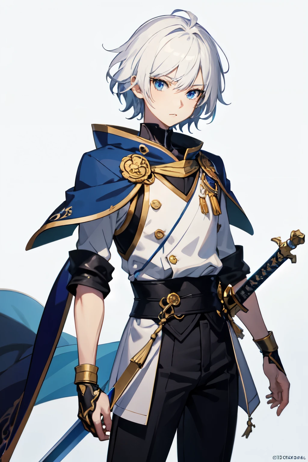 ((best quality)), ((masterpiece)), (detailed), perfect face draw me an anime picture of a short boy with white hair, blue eyes, simple clothes, carrying a blue sword, good picture quality, art, anime, anime characters, plain face, standing holding a sword, simple clothes, the sword emits an aura