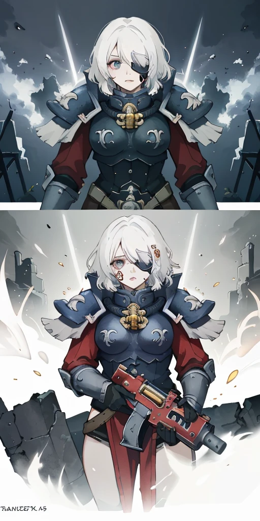 (masterpiece:1.2), (best quality:1.2), perfect eyes, perfect face, perfect lighting, 1girl, mature whsororitas with a laser rifle in her hands, scar over one eye, eyepatch, red tabard, white hair, warhammer 40k, chaos, fire, scifi, detailed ruined city background, power armor