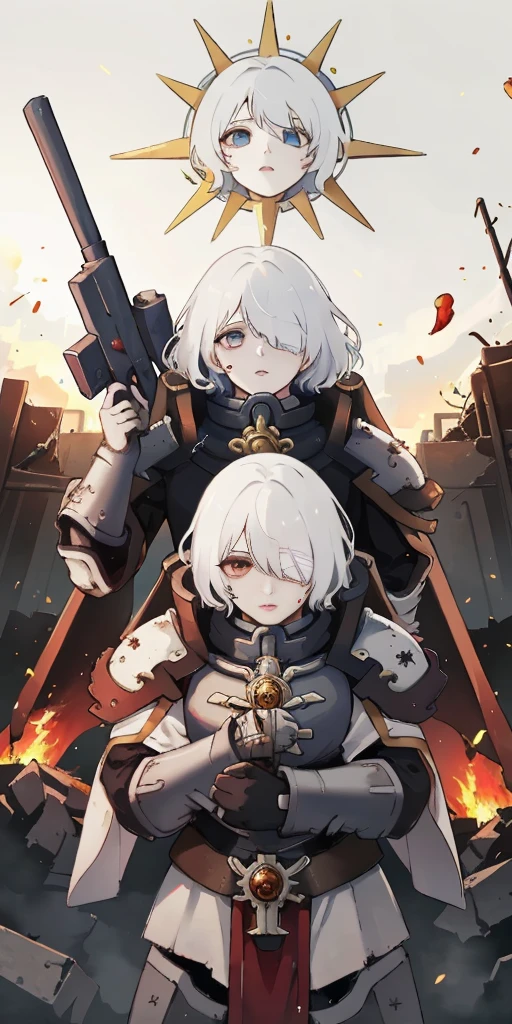 (masterpiece:1.2), (best quality:1.2), perfect eyes, perfect face, perfect lighting, 1girl, mature whsororitas with a laser rifle in her hands, scar over one eye, eyepatch, red tabard, white hair, warhammer 40k, chaos, fire, scifi, detailed ruined city background, power armor
