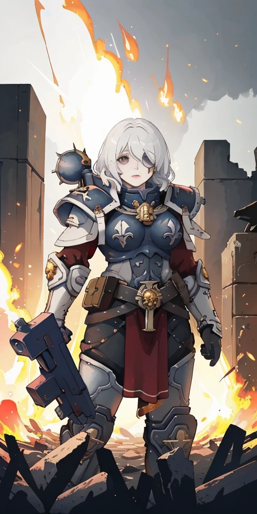 (masterpiece:1.2), (best quality:1.2), perfect eyes, perfect face, perfect lighting, 1girl, mature whsororitas with a laser rifle in her hands, scar over one eye, eyepatch, red tabard, white hair, warhammer 40k, chaos, fire, scifi, detailed ruined city background, power armor