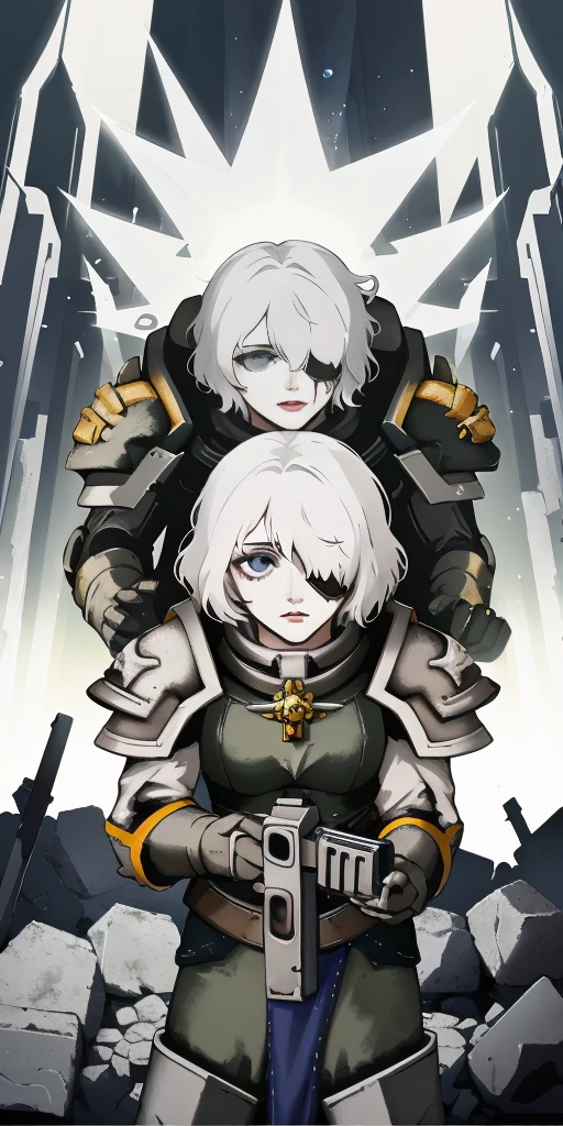 (masterpiece:1.2), (best quality:1.2), perfect eyes, perfect face, perfect lighting, 1girl, mature whsororitas with a laser rifle in her hands, scar over one eye, eyepatch, red tabard, white hair, warhammer 40k, chaos, fire, scifi, detailed ruined city background, power armor