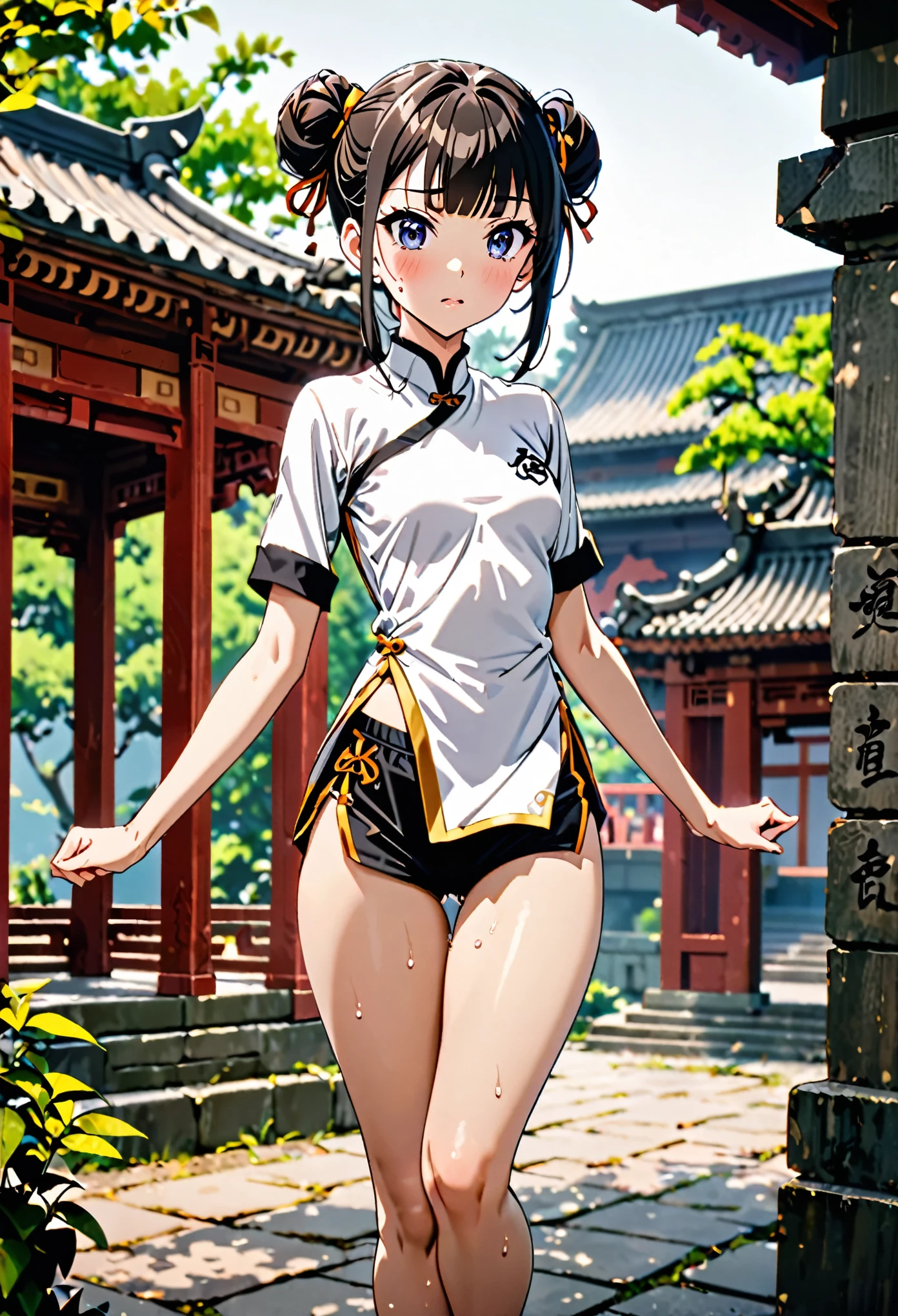 ((high quality anime, 8k,masterpiece,Perfect Anatomy)),cowboy shot,1 female,(beautiful detailed face and eyes,gorgeous eye:1.3,black eyes),master of success,The perfect 20 years old,(small head:1.5),Black Hair、Straight hair,blunt bangs,(twin bun,up hair),hair flaps,shy,blush,small breasts,slender body,skinny,sweat,White Kung Fu uniform,Short sleeve、Micro Mini Shorts、Kung Fu Training、Shaolin Temple、Outdoor、