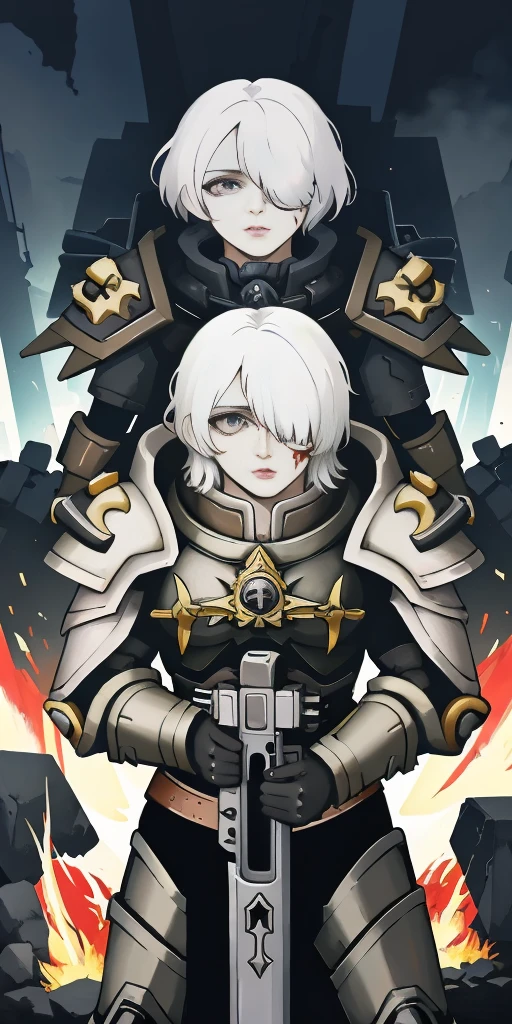 (masterpiece:1.2), (best quality:1.2), perfect eyes, perfect face, perfect lighting, 1girl, mature whsororitas with a laser rifle in her hands, scar over one eye, eyepatch, red tabard, white hair, warhammer 40k, chaos, fire, scifi, detailed ruined city background, power armor