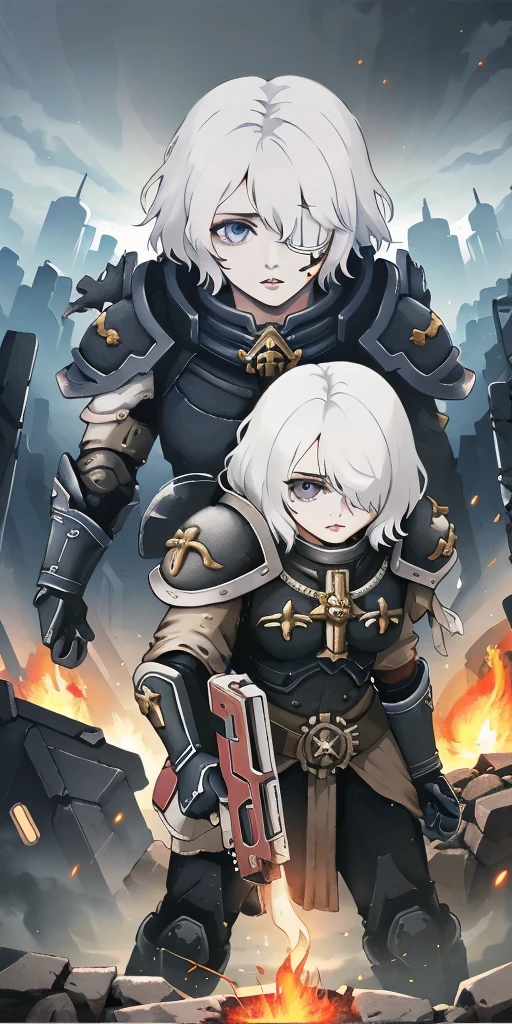(masterpiece:1.2), (best quality:1.2), perfect eyes, perfect face, perfect lighting, 1girl, mature whsororitas with a laser rifle in her hands, scar over one eye, eyepatch, red tabard, white hair, warhammer 40k, chaos, fire, scifi, detailed ruined city background, power armor