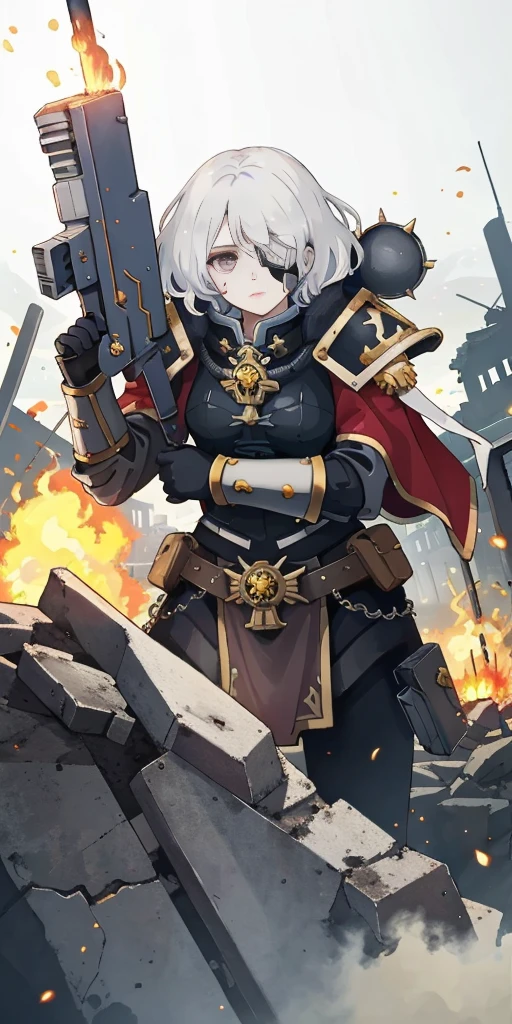 (masterpiece:1.2), (best quality:1.2), perfect eyes, perfect face, perfect lighting, 1girl, mature whsororitas with a laser rifle in her hands, scar over one eye, eyepatch, red tabard, white hair, warhammer 40k, chaos, fire, scifi, detailed ruined city background, power armor