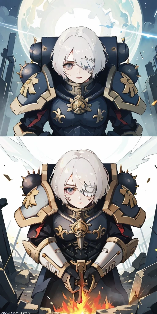 (masterpiece:1.2), (best quality:1.2), perfect eyes, perfect face, perfect lighting, 1girl, mature whsororitas with a laser rifle in her hands, scar over one eye, eyepatch, red tabard, white hair, warhammer 40k, chaos, fire, scifi, detailed ruined city background, power armor