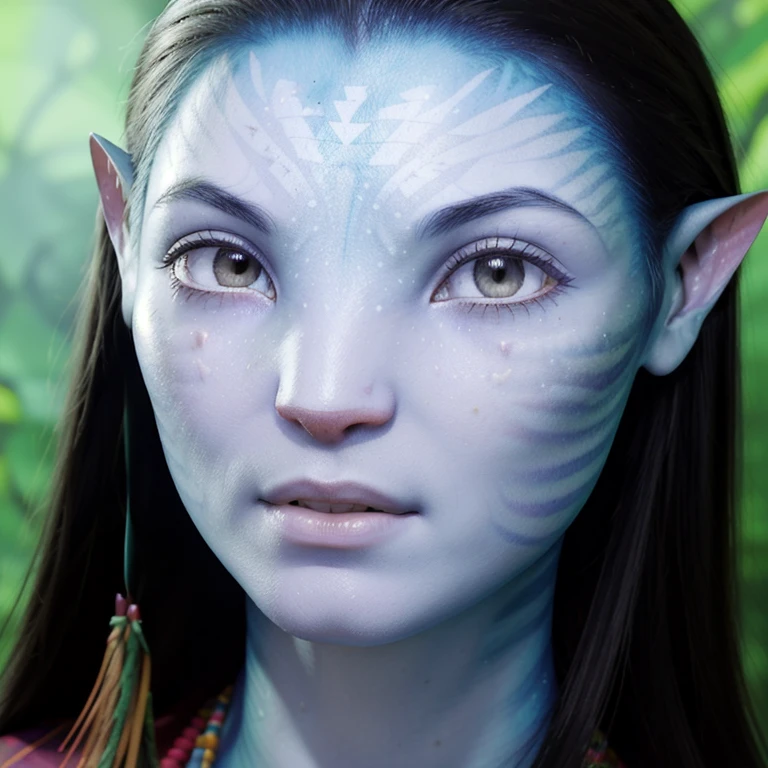 avatar style, (face portrait:1.6), naavi, 1girl, asian female, red eyes, ((eyebrowless)), pointy ears, (white skin tone:1.0), (straight hair:1.0), black hair color, ((long hair)), (young adult), 18 years old, face wrinkles, wearing colorful tribal clothing, (wearing tribal acessories), detailed eyes, toned body, muscled body, vibrant colors, glowing, ethereal atmosphere, surrealistic dreamy lighting, textured skin, otherworldly beauty, mesmerizing photography, (best quality, highres), vivid colors, ultrarealistic, skin details, striped skin, sfw, face close-up:0.5, ultradetailed body, ((white skin)), AvTsireya, (albino person), albinism:1.5