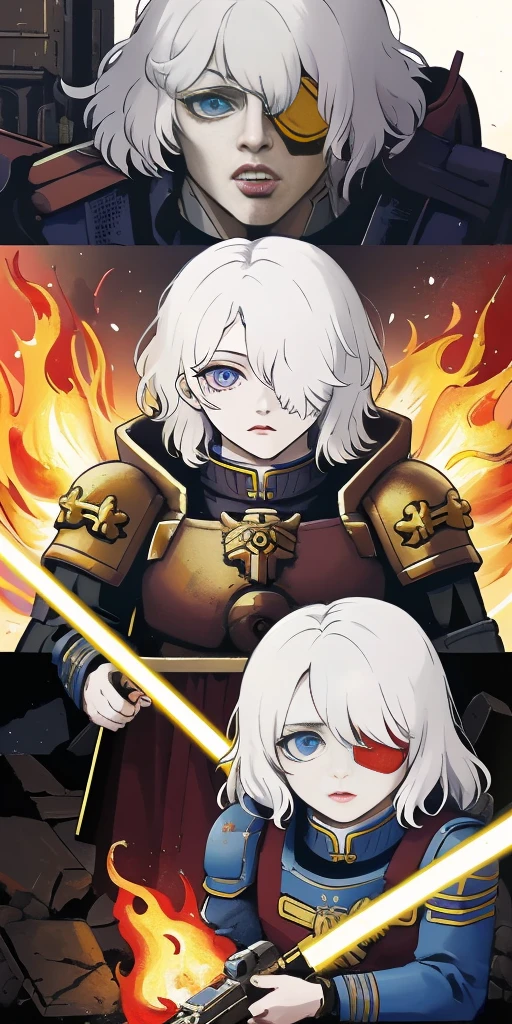 (masterpiece:1.2), (best quality:1.2), perfect eyes, perfect face, perfect lighting, 1girl, mature whsororitas with a laser rifle in her hands, scar over one eye, eyepatch, red tabard, white hair, warhammer 40k, chaos, fire, scifi, detailed ruined city background, power armor