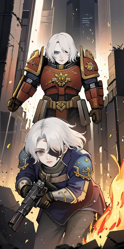 (masterpiece:1.2), (best quality:1.2), perfect eyes, perfect face, perfect lighting, 1girl, mature whsororitas with a laser rifle in her hands, scar over one eye, eyepatch, red tabard, white hair, warhammer 40k, chaos, fire, scifi, detailed ruined city background, power armor