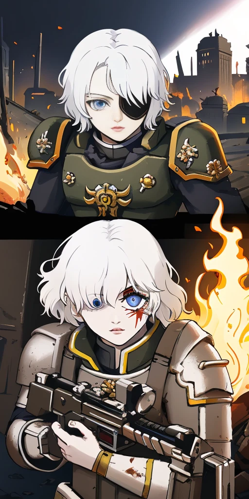(masterpiece:1.2), (best quality:1.2), perfect eyes, perfect face, perfect lighting, 1girl, mature whsororitas with a laser rifle in her hands, scar over one eye, eyepatch, red tabard, white hair, warhammer 40k, chaos, fire, scifi, detailed ruined city background, power armor