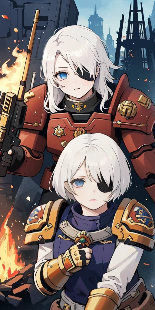 (masterpiece:1.2), (best quality:1.2), perfect eyes, perfect face, perfect lighting, 1girl, mature whsororitas with a laser rifle in her hands, scar over one eye, eyepatch, red tabard, white hair, warhammer 40k, chaos, fire, scifi, detailed ruined city background, power armor