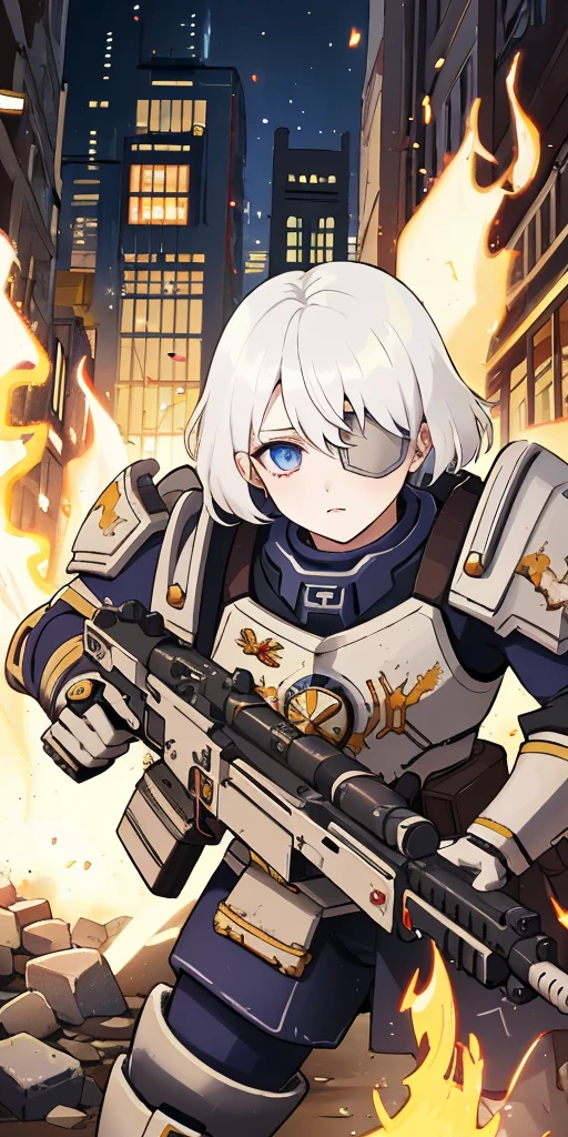 (masterpiece:1.2), (best quality:1.2), perfect eyes, perfect face, perfect lighting, 1girl, mature whsororitas with a laser rifle in her hands, scar over one eye, eyepatch, red tabard, white hair, warhammer 40k, chaos, fire, scifi, detailed ruined city background, power armor