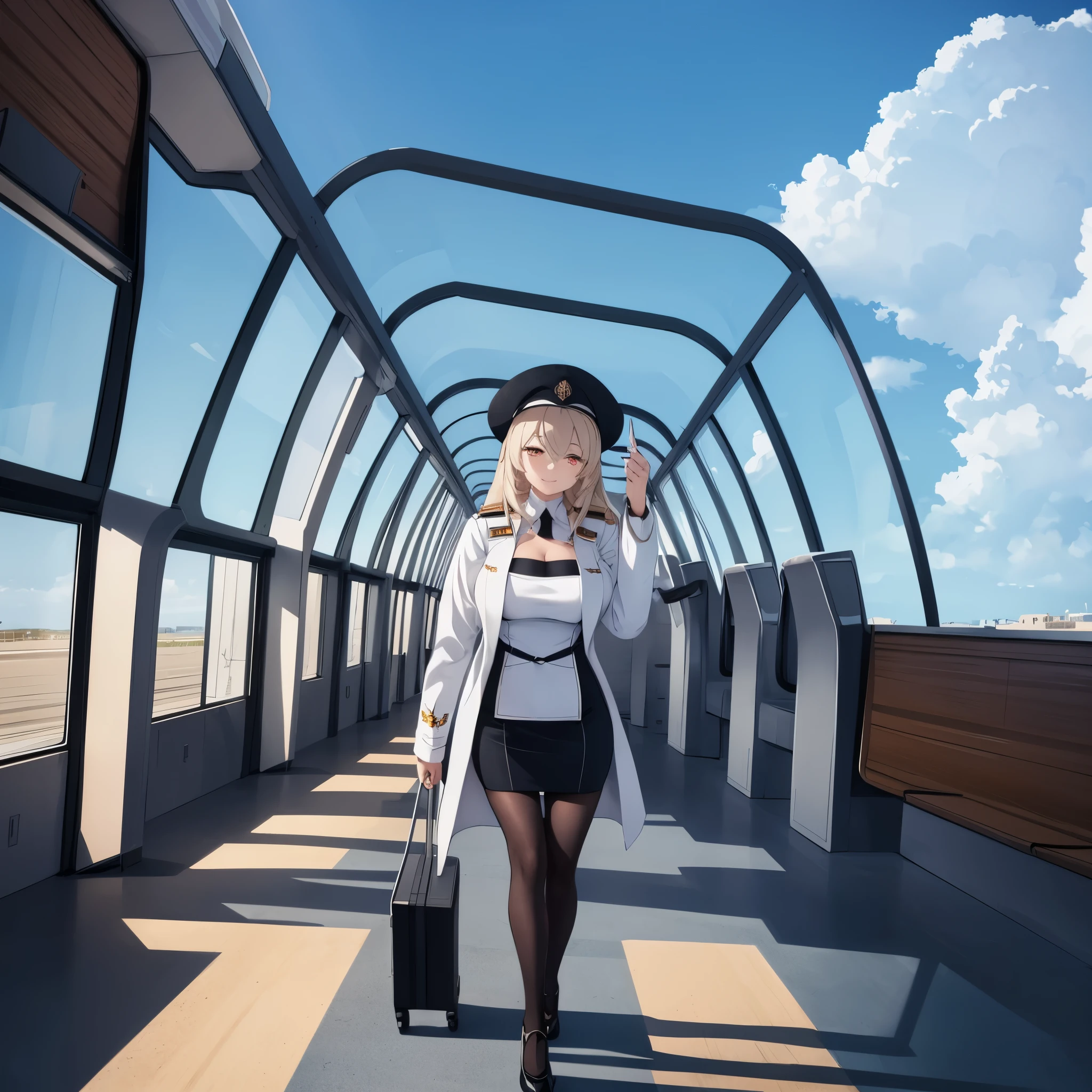 A woman wearing a flight attendant uniform, white coat, short black skirt, black tights, women's black shoes, flight attendant hat, long beige hair, orange eyes, walking on a large airport runway, conning tower background airport, full body, smiling, daytime location with blue sky and clouds, surrealism, drop shadow, anaglyph, stereogram, tachi-e, pov, atmospheric perspective, surrealism, flower, 8k, super detail, accurate, best quality, UHD, anatomically correct, textured skin, high quality, high resolution, best quality
