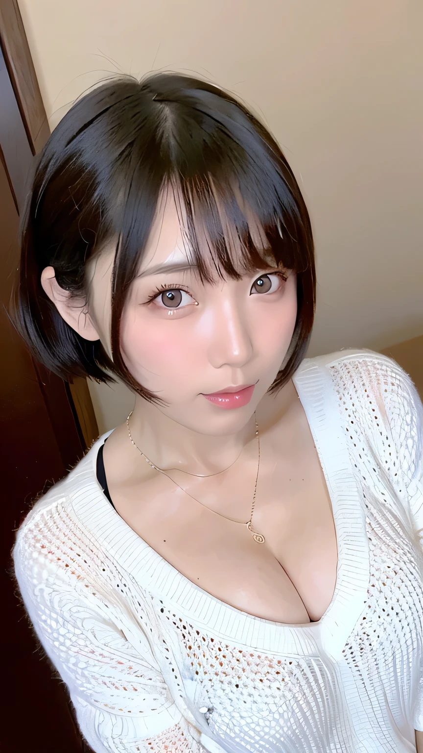 (highest quality, 8k, 32k, masterpiece, Ultra-high resolution:1.2),Beautiful Japanese Women Photos, Large Breasts, Very short bob hair,Upper Body,Face Focus,Extra Large_sweater, necklace, Simple Background, From above, View your viewers,