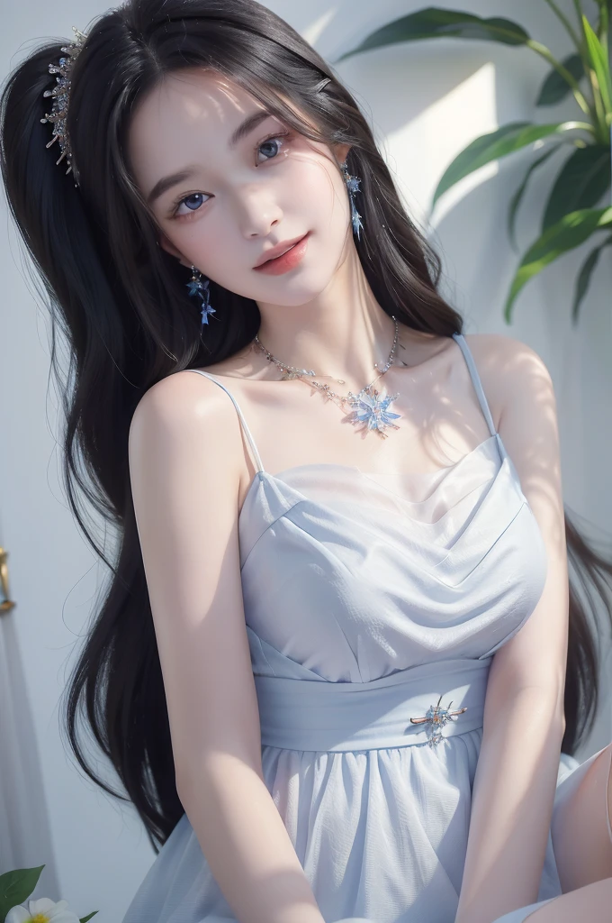 (masterpiece, best quality:1.5), 1 girl, solitary,
Black Hair, Long hair, jewelry, Lips, blue eyes, Smile,
Chest,
clavicle,
earrings,
flower,
Looking at the audience,
necklace,
White Dress,
Yuechan,
sitting, Perfect lighting, Detailed Color, Facial details,