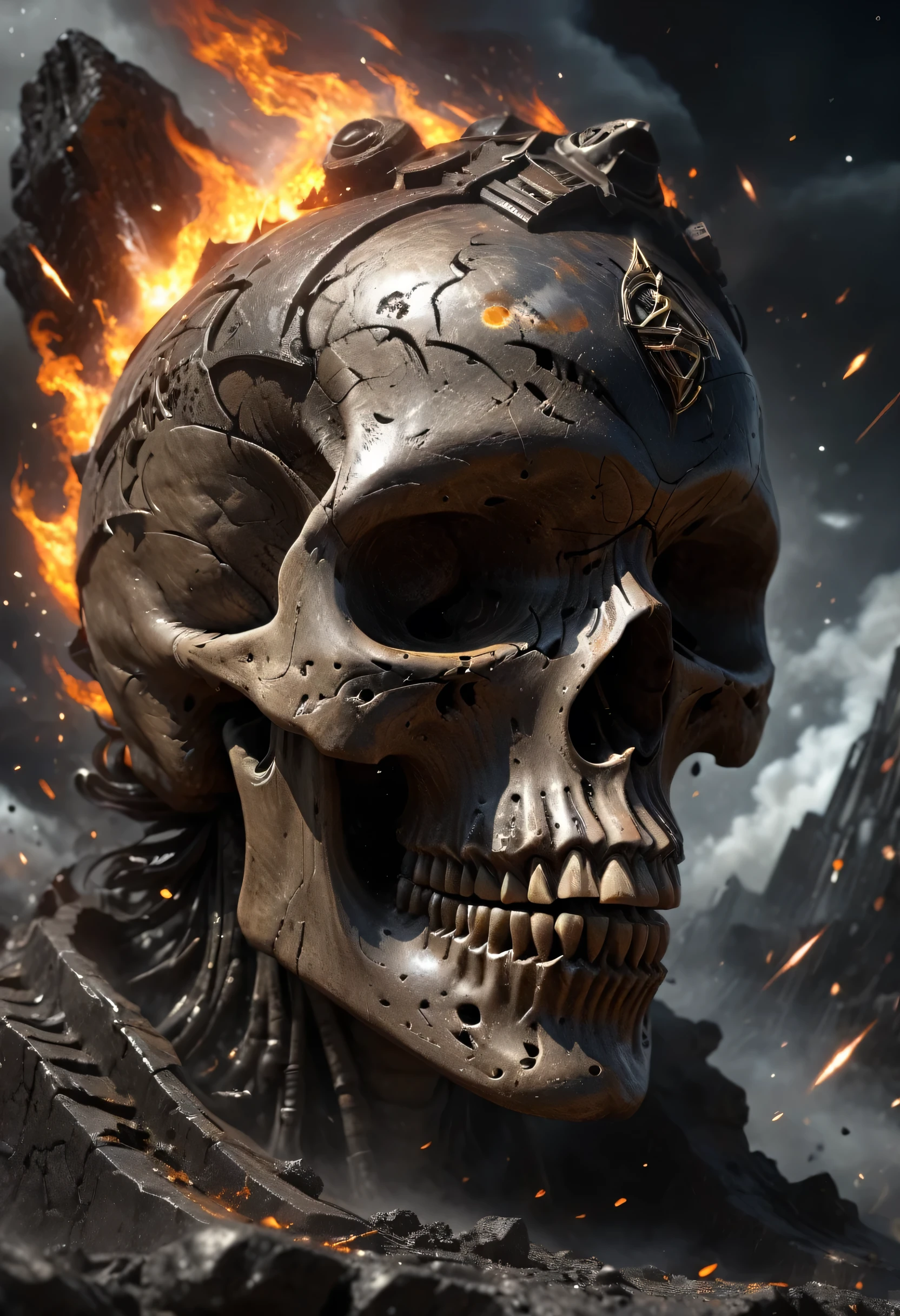 Ultra-detailed 16K resolution, Realistic Apocalypse with Astro Twist. The skull, reminiscent of a rock star, is featured in intricate detail against a backdrop of chaos. Smoke engulfs the scene, flames rage, and lightning illuminates the sky. The celestial elements integrated into the skull's design give it a cosmic, otherworldly vibe. This design captures the intensity of an apocalypse with a unique astro-rock aesthetic((best quality)), ((master part)), (circunstanciado),