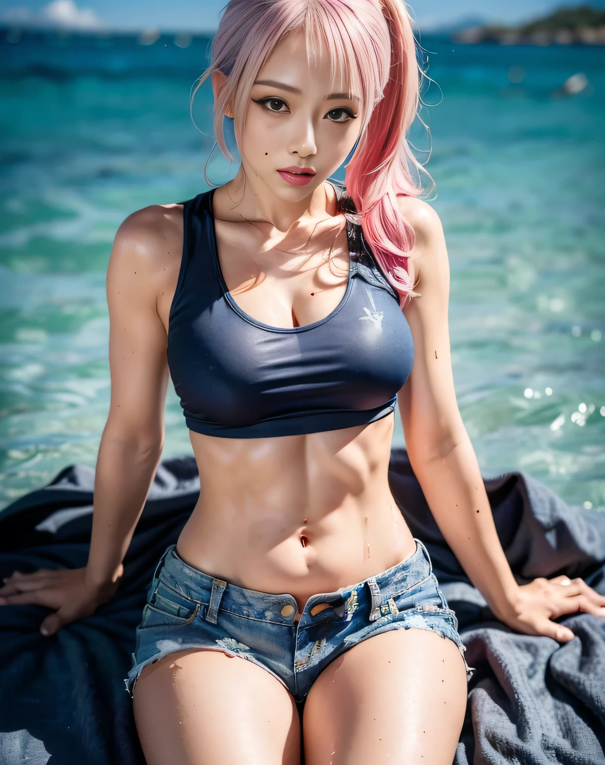 masterpiece, 8k, Award-winning photo, photoRealistic, Realistic, Very detailed, Ultra-high resolution, Ray Trakun, ///one person, The most beautiful, 20-year-old , (sexy, Japanese Idols), (Pink Hair:1.2), ponytail, ///Human details Shiny skin , Detailed skin , Beautifully detailed face , Beautiful details , beautiful 歯, /// break (double eyelid, Droopy eyes), Natural Makeup, Natural Lip, (Brightly colored large breasts:1.2), small mole around the eye,Sunburn, ///Pose Settings (whole body:1.4), Sitting, (From above:1.2), Remember, ///background break (Blue Theme:1.2), Ocean, Blurred Background, Very detailed background, ///fashion
break (Red Theme:1.4), (Black tank top), ((Stomach, belly button):1.3), (Abdominal muscles:1.2), 
break (Denim shorts),  ///Finished ultra-Realistic textures, RAW Photos,Shine,Sweat flies,Wet body,Troubled expression,Body smeared with lotion