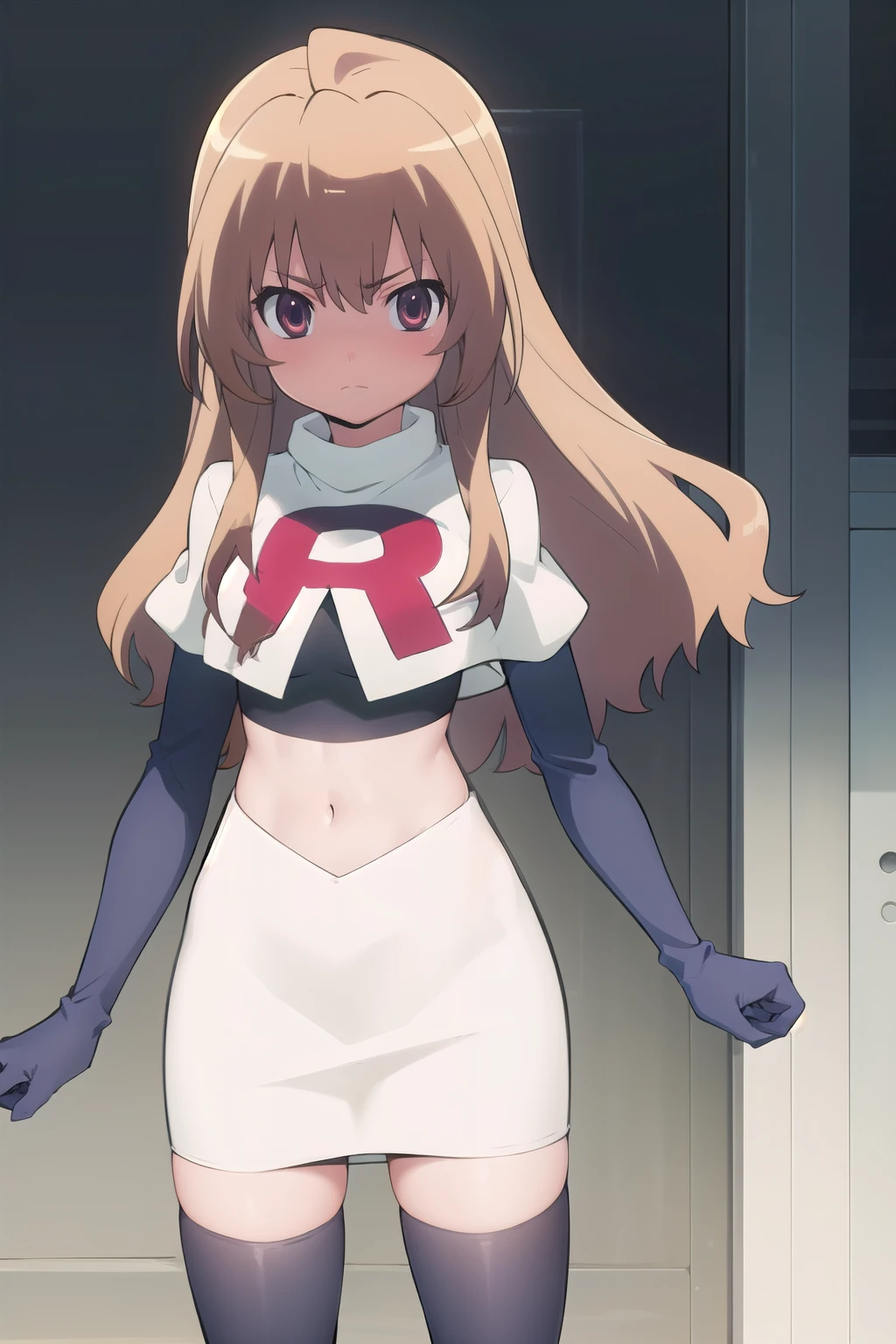 solo, 1girl, looking at viewer, 2D, anime, anime coloring, team rocket,team rocket uniform,white skirt,red letter R,crop top,black thigh-highs,black elbow gloves, taiga aisaka, oohashi, 