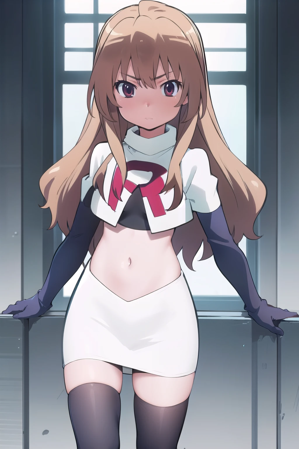 solo, 1girl, looking at viewer, 2D, anime, anime coloring, team rocket,team rocket uniform,white skirt,red letter R,crop top,black thigh-highs,black elbow gloves, taiga aisaka, oohashi, 